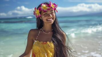 ai genererad en ung polynesisk kvinna, med lång svart hår och en blomma i henne hår, är dans hula på en strand i hawaii foto