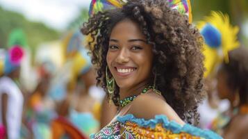 ai genererad en ung kvinna från de Karibien, med lockigt hår och en färgrik klänning, är dans på en karneval i trinidad foto