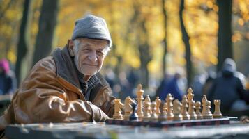 ai genererad ett äldre europeisk man är spelar schack i en parkera i berlin foto