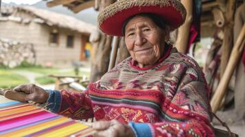 ai genererad ett äldre kvinna från söder Amerika, med en innehåll uttryck och en vävstol, är vävning en traditionell gobeläng i en by i peru foto
