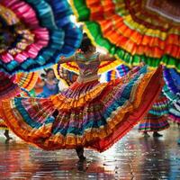 ai genererad latin dansare i traditionell mexikansk klänning dans på parad eller kulturell festival i mexico latin Amerika, ai genererad foto