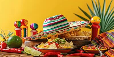 ai genererad cinco de mayo platt lägga på en ljus gul bakgrund. ai genererad foto