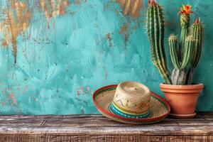 ai genererad cinco de mayo Semester bakgrund med mexikansk kaktus och fest sombrero hatt. ai genererad foto