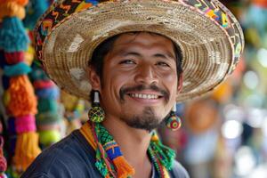 ai genererad latin man i traditionell mexikansk kläder på parad eller kulturell festival i mexico latin Amerika, ai genererad foto