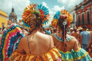 ai genererad latin kvinna i traditionell mexikansk klänning dans på parad eller kulturell festival i mexico latin Amerika, ai genererad foto