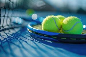 ai genererad tennis racketar och tennis bollar liggande på blå tennis domstol. ai genererad foto