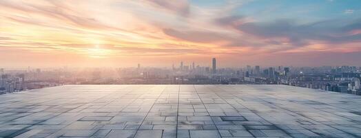 ai genererad tömma fyrkant golv med stad horisont bakgrund på solnedgång. hög vinkel se av tömma betong plattform och urban landskap med byggnader i de distans. bred panorama- baner foto