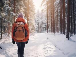 kvinna i vinter- värma jacka med päls och ryggsäck gående i snöig vinter- tall skog, se från de tillbaka foto