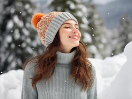 Lycklig caucasian ung kvinna i stickat hatt och vit ull Tröja på vinter- bakgrund foto