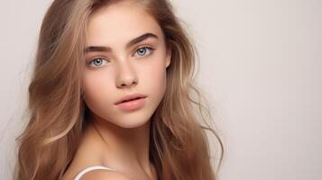 porträtt av skön tonåring flicka med brun hår, blå ögon, naiv ansiktsbehandling uttryck. naturlig skönhet med lysande friska hud. reklam av kosmetika, parfymer foto