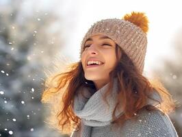 Lycklig caucasian ung kvinna i stickat hatt och vit ull Tröja på vinter- bakgrund foto