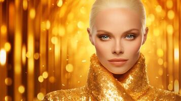 porträtt av underbar blond kvinna i gyllene klänning på glitter bakgrund foto