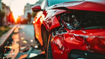 ai genererad närbild av de främre slutet av en röd bil efter ett olycka med synlig skada och bucklor, en bruten strålkastare på en stad gata på solnedgång foto