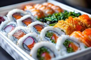 ai genererad sushi sortiment i vit bento låda foto