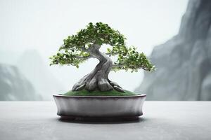 ai genererad elegans i miniatyr- bonsai träd blomstrande i en skön marmor vas. skapas med generativ ai foto