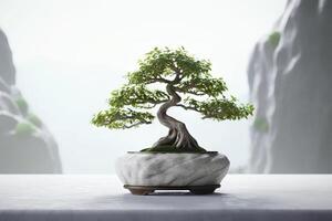 ai genererad elegans i miniatyr- bonsai träd blomstrande i en skön marmor vas. skapas med generativ ai foto