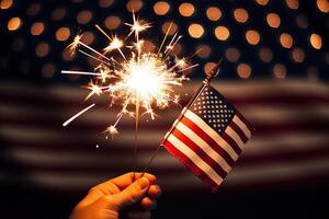 ai genererad patriotisk sparkler skådespel hand innehav belyst sparkler i främre av de amerikan flagga för 4:e av juli firande. skapas med generativ ai foto