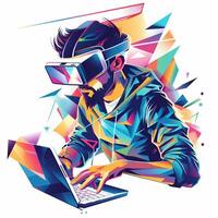 en ung man i en vr headset. abstrakt bild. illustration foto