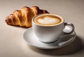 ai genererad ett konst latte och croissant på ljus bakgrund foto