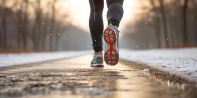 ai genererad vinter- joggning i morgon. löpning skor på snö. aktiva livsstil. närbild av löpare fötter på vinter- väg. generativ ai foto