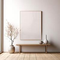 minimalistisk interiör design med tom duk på vägg och elegant vaser. bild ram falsk upp och trä- bänk. foto