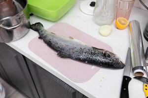fisk och kniv på en kök tabell foto