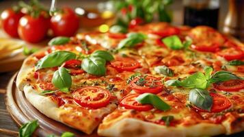 ai genererad utsökt hemlagad pizza med färsk tomater och oliver, perfekt för mat bloggar, restaurang menyer, eller reklam kampanjer targeting pizza älskare. foto