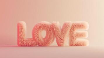 ai genererad kärlek ord tillverkad av fluffig rosa päls. de ord kärlek bakgrund med rosa och vit päls på de tyg foto