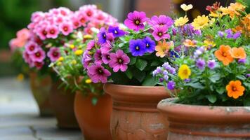 ai genererad skön vår blommor i terrakotta kastruller på de terrass foto