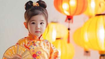 ai genererad liten asiatisk flicka i traditionell Cheongsam klänning med papper lyktor foto