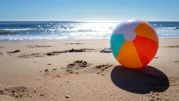 ai genererad färgrik strand boll på de sand förbi de hav. sommar semester begrepp foto
