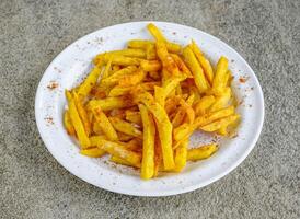 masala franska frites eras i maträtt isolerat på grå bakgrund sida se av indisk kryddor och pakistansk mat foto