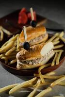 tonfisk ägg smörgås med frites och majonnäs dopp eras i trä- styrelse isolerat på mörk bakgrund sida se av frukost mat foto