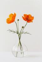 tre orange blommor i en klar glas vas foto
