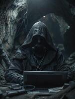 ai genererad hackare ha på sig masker och huvor jackor, beläggning deras ansikten. de är arbetssätt på datorer i en mörk rum. foto