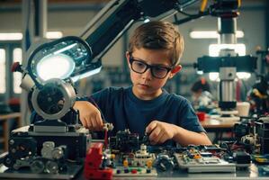 ung pojke engagerad i robotik hopsättning i en modern verkstad under en vetenskap läger. foto