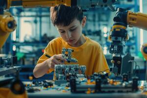 ung pojke engagerad i robotik hopsättning i en modern verkstad under en vetenskap läger. foto