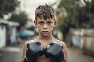ai genererad mager pojke i boxning handskar utseende på de kamera foto