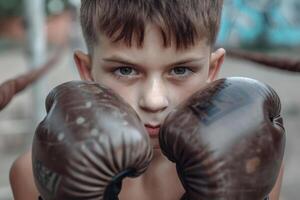 ai genererad mager pojke i boxning handskar utseende på de kamera foto