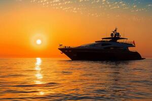 ai genererad Yacht silhuett i hav på solnedgång foto