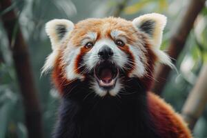 ai genererad röd panda i skog livsmiljö foto