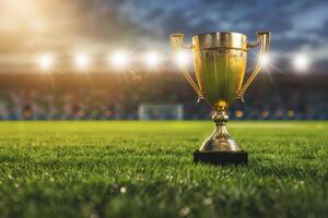 gyllene trofén kopp på fält under stadion lampor foto