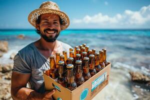 man innehav fall av öl flaskor på hav strand foto