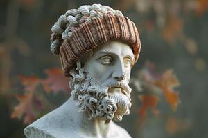 antik plåster staty av man bär stickat hipster hatt foto
