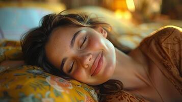 ai genererad kvinna leende i säng foto