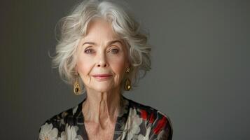 ai genererad elegant äldre kvinna med vit hår och örhängen foto