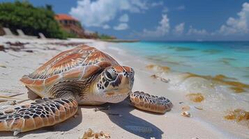 ai genererad sköldpadda vilar på sandig strand foto