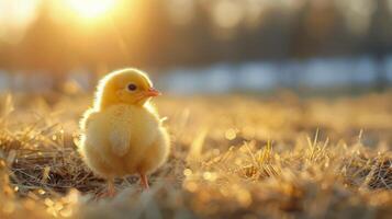 ai genererad små gul kyckling på gräs fält foto
