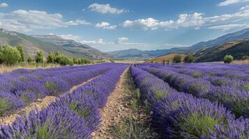 ai genererad lavendel- fält med bergen foto