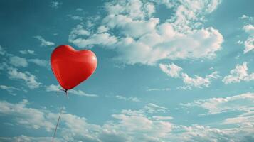 ai genererad röd hjärtformade ballong flygande i himmel foto